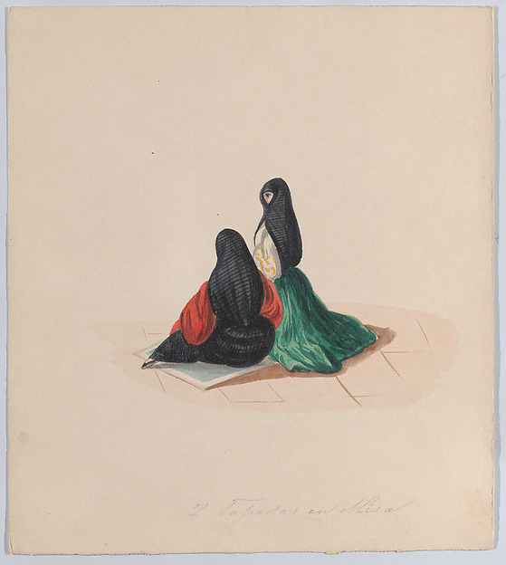 Two woman wearing the saya attending mass, from a group of drawings depicting Peruvian dress