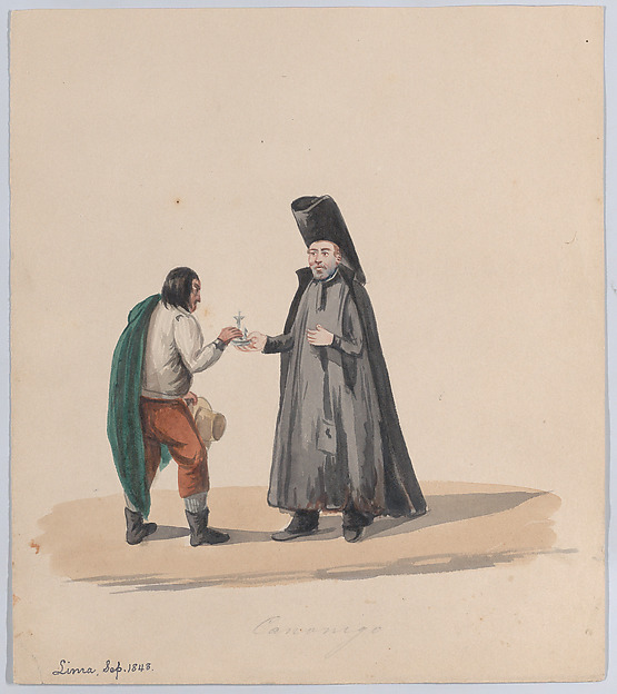 A canon handing a crucifix to a man, from a group of drawings depicting Peruvian dress