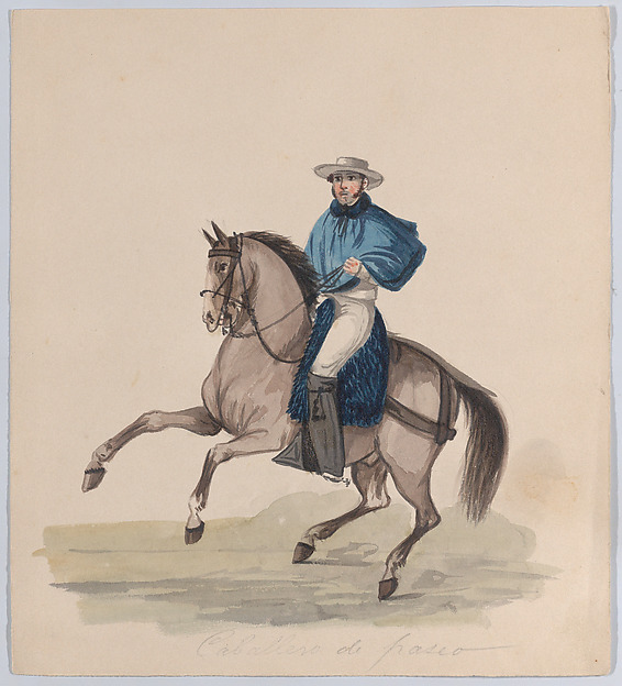 An elegantly dressed man on horseback, from a group of drawings depicting Peruvian dress