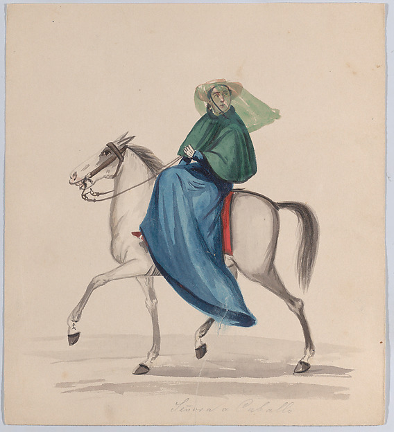 An elegantly dressed woman on horseback, from a group of drawings depicting Peruvian dress