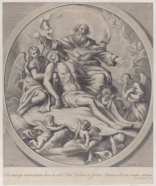 The Holy Trinity, with the dead Christ at center surrounded by angels, God the Father, and the Holy Spirit by Anonymous