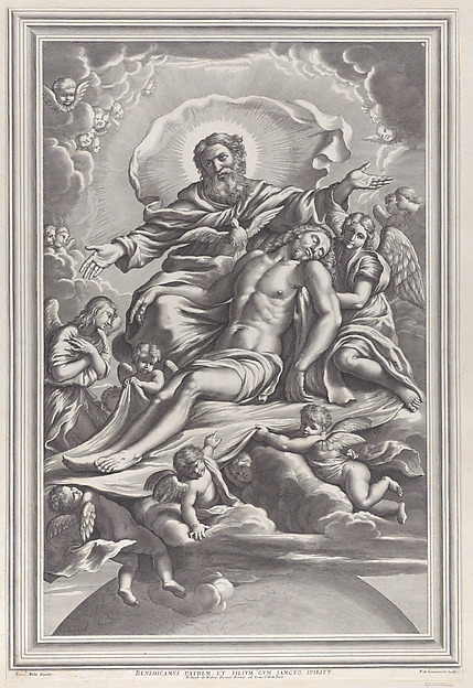 The Holy Trinity, with the dead Christ at center surrounded by angels, God the Father, and the Holy Spirit by F. de Louvement