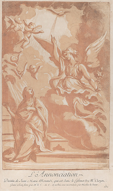 The Annunciation with the Virgin kneeling at left and Gabriel appearing at right