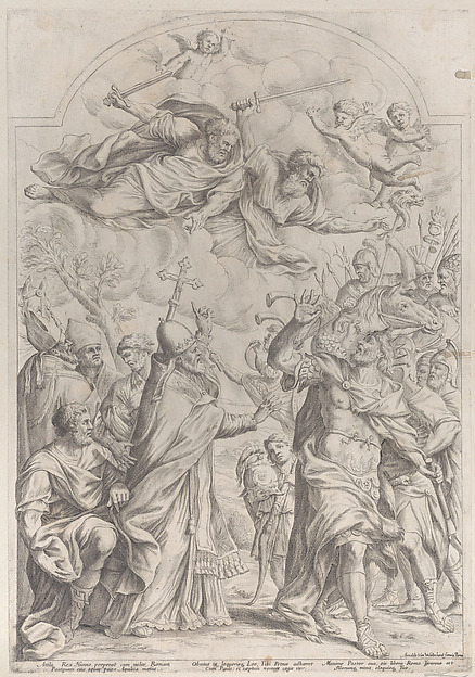 Pope Leo repulses Atilla from the gates of Rome and points to Saints Peter and Paul overhead