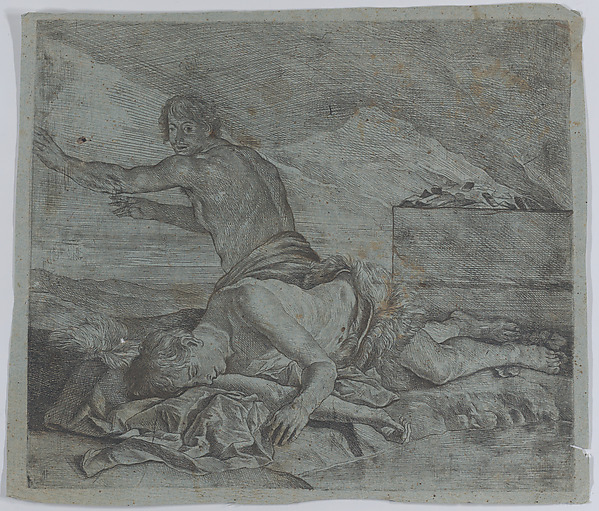 Cain fleeing after having slain Abel