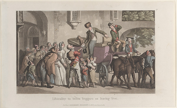 Liberality to infirm beggars on leaving Yrvi, from "Journal of Sentimental Travels in the Southern Provinces of France, Shortly Before the Revolution"