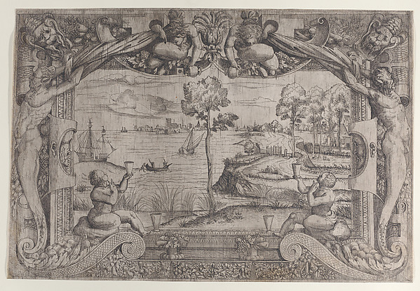 View of a Bay with a Central Tree in an Ornamental Frame