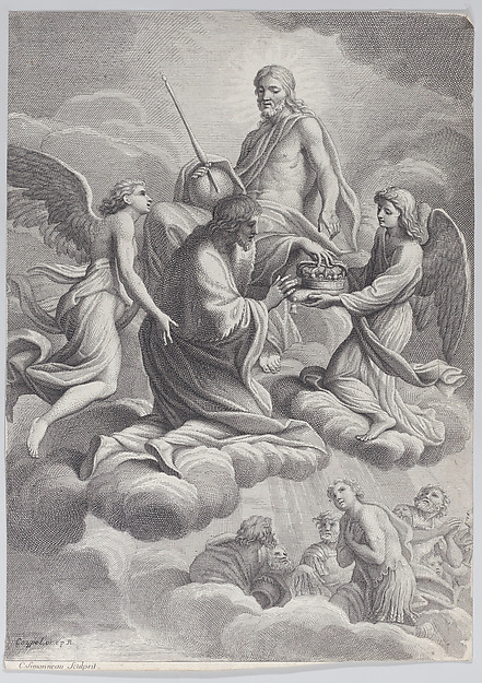 Saint Louis of France received into heaven by Christ and two angels who offer him the crown of France by Charles Simonneau