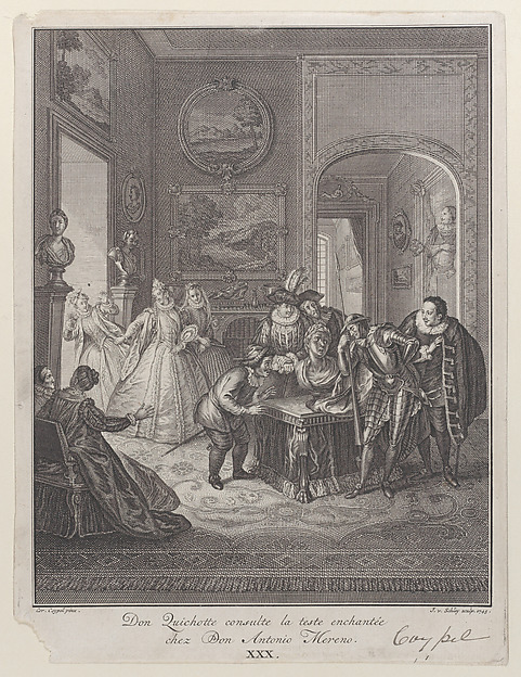Plate 30: Don Quixote consults the enchanted head at Don Antonio Moreno's house (Don Quichotte consulte la teste enchantée chez Don Antonio Mereno)