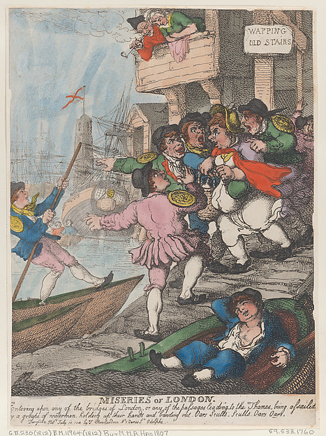 Miseries of London: Entering upon any of the bridges of London or any of the passages leading to the Thames being assailed by a group of watermen holding up their hands and bawling out. Oars Sculls. Sculls. Oars. Oars.