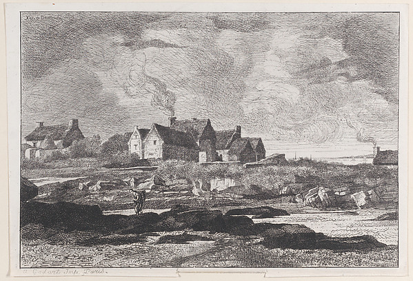 Country landscape with a river running at right and houses in the background