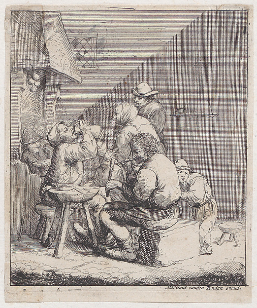 Seven peasants in a rustic interior with a man lighting a pipe