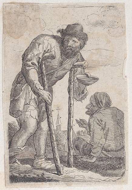 A beggar on crutches holding out a bowl