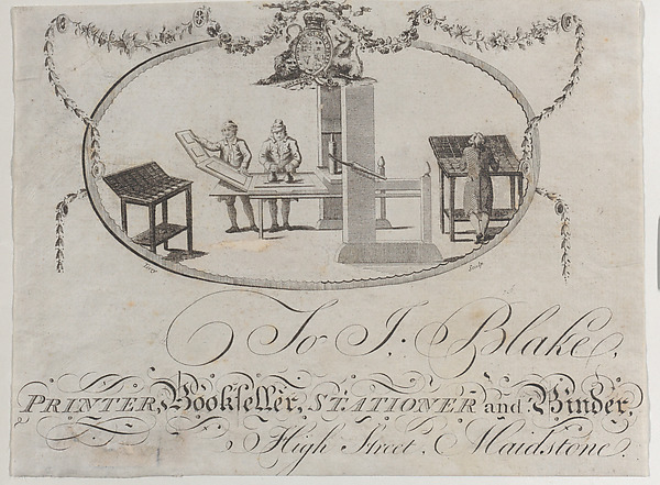 Trade card for Jo J. Blake, printer, bookseller, stationer, and binder
