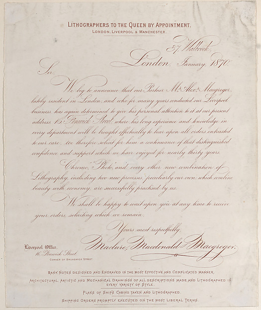 Trade card for Maclure, Macdonald & Macgregor, publisher and printer