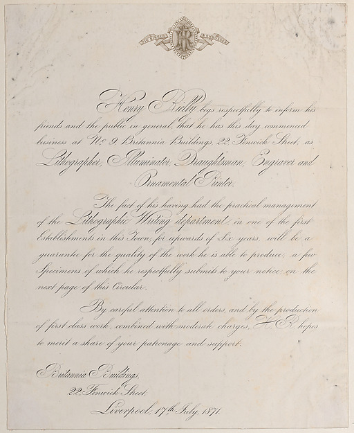 Trade card for Henry Rielly, lithographer, illuminator, draughtsman, engraver, and ornamental printer
