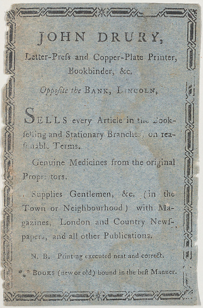 Trade Card for John Drury, printer and bookbinder