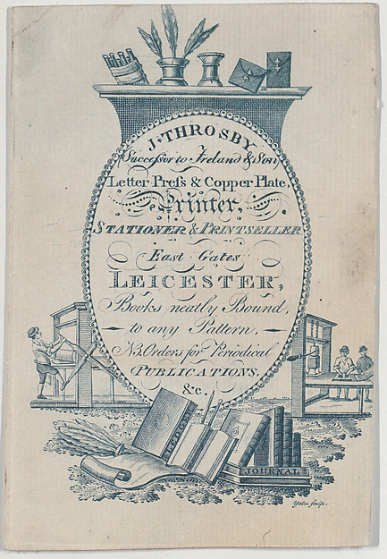 Trade Card for J. Throsby, printer, stationer and printseller
