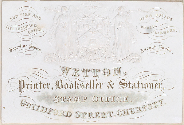 Trade card for Wetton, printer, bookseller and stationer by Anonymous, British, 19th century, The Metropolitan Museum of Art