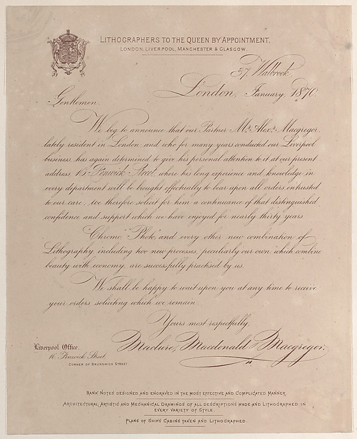 Trade card for Maclure, Macdonald & Macgregor, publisher and printer by Anonymous, British, 19th century, The Metropolitan Museum of Art