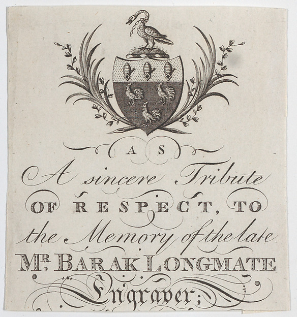 Memorial Card for Mr. Barak Longmate, genealogical editor and heraldic engraver