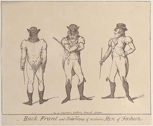 Back, Front, and Side Views of Modern Men of Fashion: Fashions a little before 1800