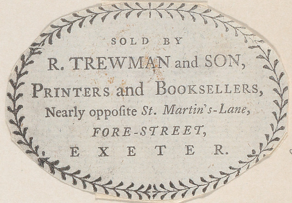 Trade Card for R. Trewman and Son, Printers and Booksellers