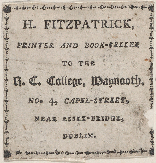 Trade card for H. Fitzpatrick, Printer and Bookseller