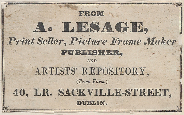 Trade Card for A. Lesage, Printseller, Framer, and Publisher by Anonymous, British, 19th century, The Metropolitan Museum of Art