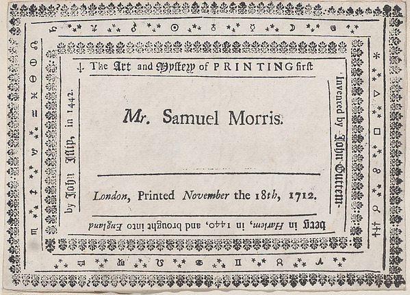 Trade Card for Mr. Samuel Morris