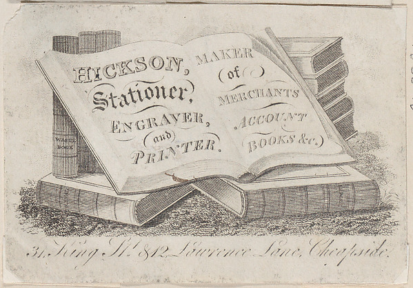 Trade Card for Hickson, Stationer, Engraver, and Printer