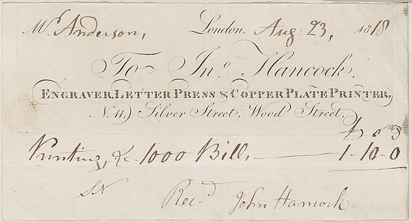 Trade Card for John Hancock, Engraver and Printer