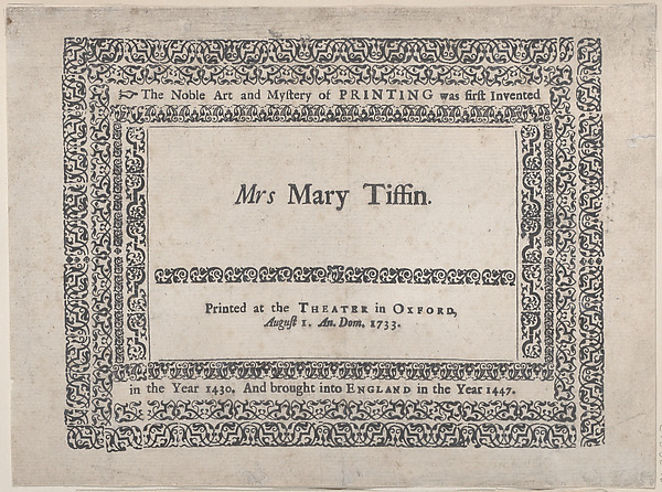 Trade Card for the Theater in Oxford by Anonymous, British, 18th century, The Metropolitan Museum of Art