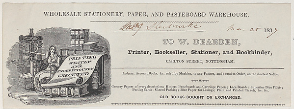 Trade Card for W. Dearden, Printer, Bookseller, Stationer, and Bookbinder