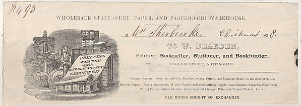 Trade Card for W. Dearden, Printer, Bookseller, Stationer, and Bookbinder by Anonymous, British, 19th century, The Metropolitan Museum of Art
