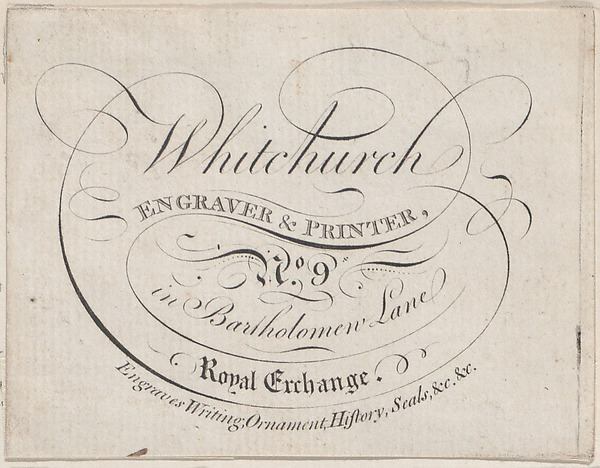 Trade Card for Whitchurch, Engraver & Printer by Anonymous, British, 19th century, The Metropolitan Museum of Art