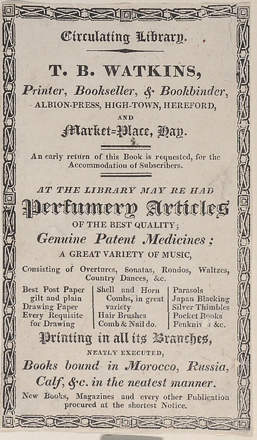 Trade Card for T. B. Watkins, Printer, Bookseller, & Bookbinder