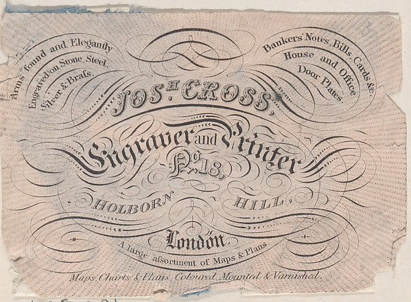 Trade Card for Josh Cross, Engraver & Printer by Anonymous, British, 19th century, The Metropolitan Museum of Art