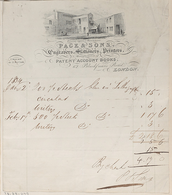 Trade Card for Page & Sons, Engravers, Stationers & Printers