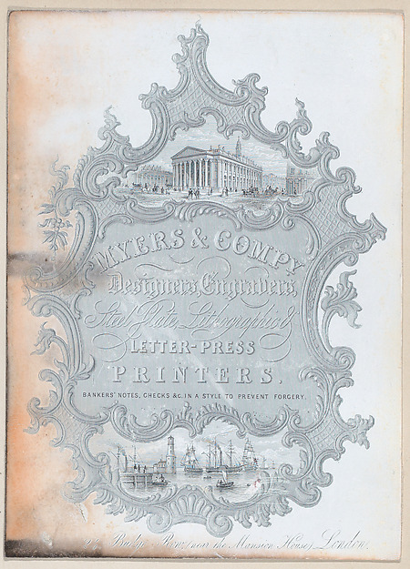 Trade Card for Myers & Co., Designers, Engravers, Steel Plate, Lithographic & Letterpress Printers