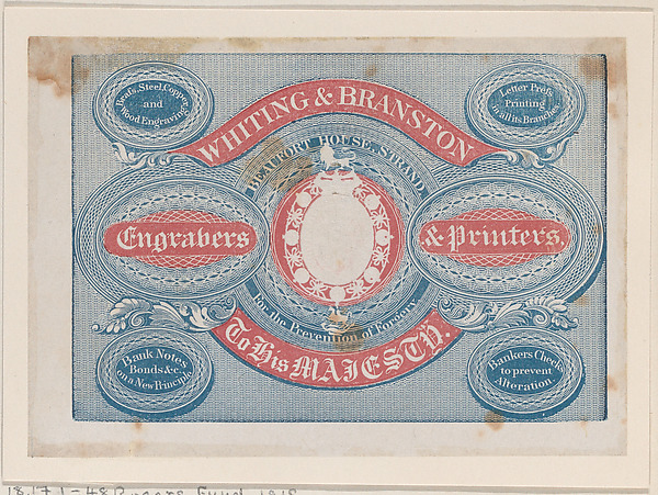Trade Card for Whiting & Branston, Engravers & Printers