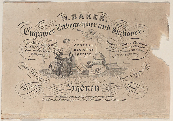 Trade Card for W. Baker, Engraver, Lithographer & Stationer by Anonymous, British, 19th century, The Metropolitan Museum of Art