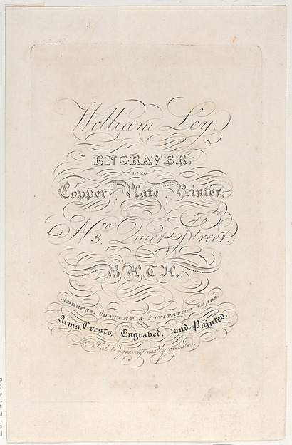 Trade Card for William Ley, Engraver & Copper Plate Printer