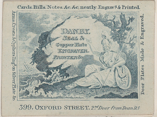 Trade Card for Danby, Printer and Engraver