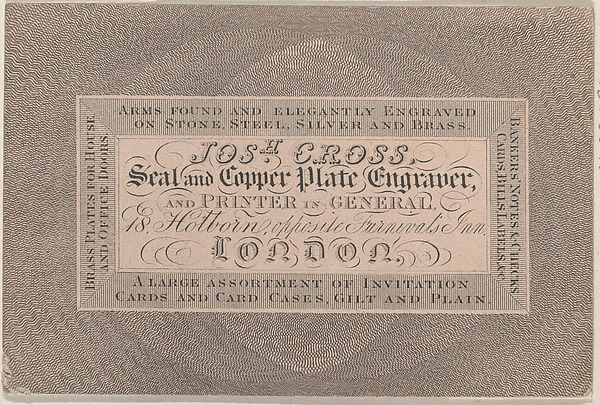 Trade Card for Josh Cross, Seal and Copper Plate Engraver