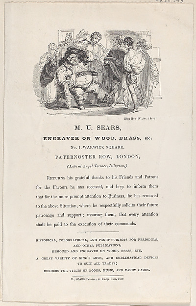 Trade Card for M.U. Sears, Wood Engraver and Printer by Matthew Urlwin Sears, The Metropolitan Museum of Art