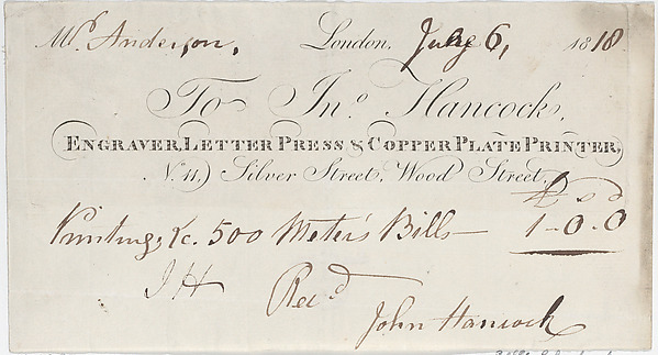 Trade Card for John Hancock, Engraver, Letter Press & Copper Plate Printer