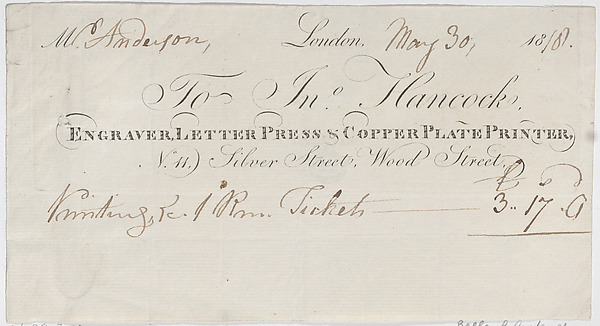 Trade Card for John Hancock, Engraver, Letter Press & Copper Plate Printer