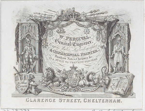Trade Card for W. Percival, General Engraver & Ornamental Printer by Anonymous, British, 19th century, The Metropolitan Museum of Art