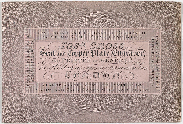 Trade Card for Joshua Cross, Seal and Copper Plate Engraver